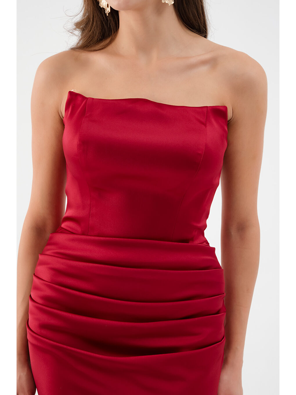 Kadın Bordo Straplez Uzun Saten Söz Nişan Abiye Elbise-1