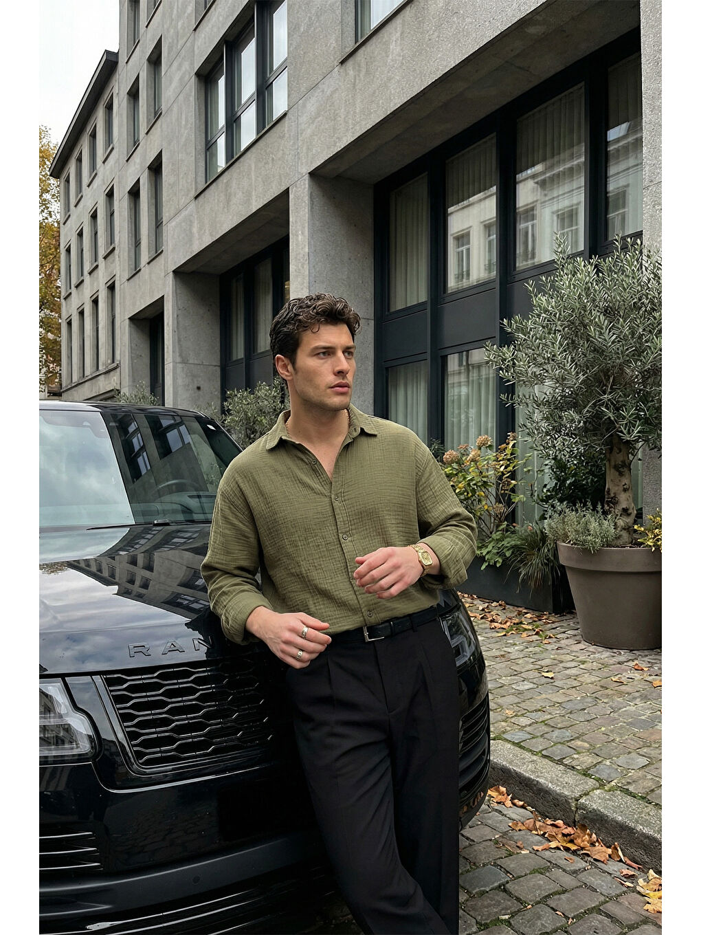 Yeşil Yurin Erkek Premium Müslin %100 Pamuk Oversize Uzun Kollu Gömlek-1