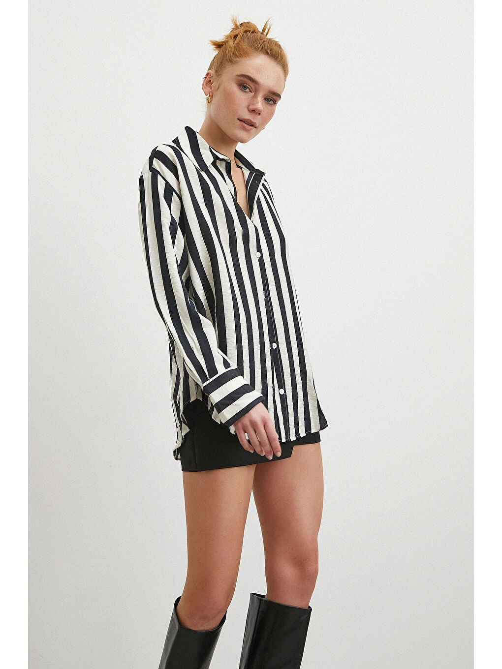 Çizgili Uzun Kollu Gömlek Siyah-4