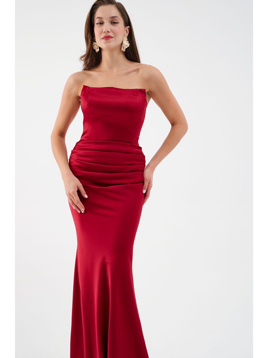 Kadın Bordo Straplez Uzun Saten Söz Nişan Abiye Elbise-3