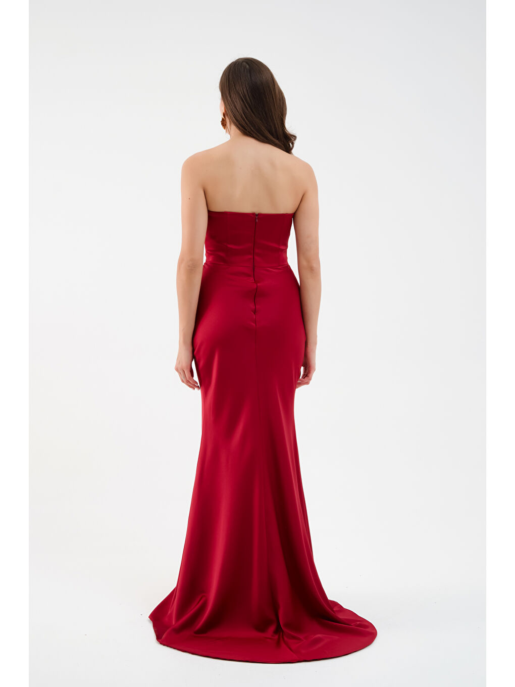 Kadın Bordo Straplez Uzun Saten Söz Nişan Abiye Elbise-4