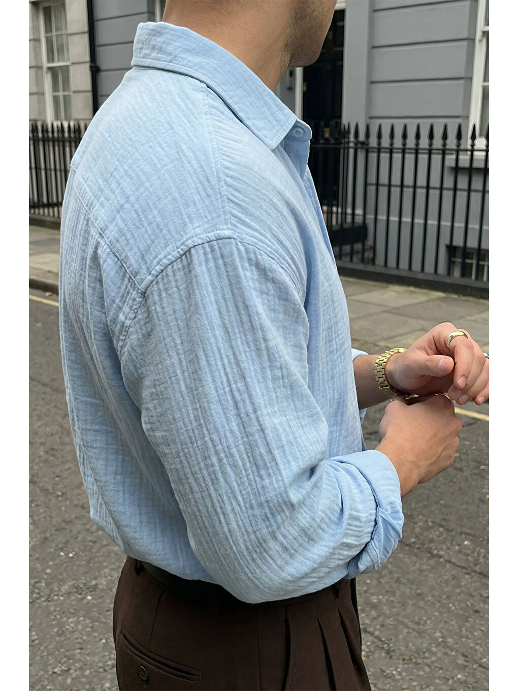 Mavi Yurin Erkek Premium Müslin %100 Pamuk Oversize Uzun Kollu Gömlek-2