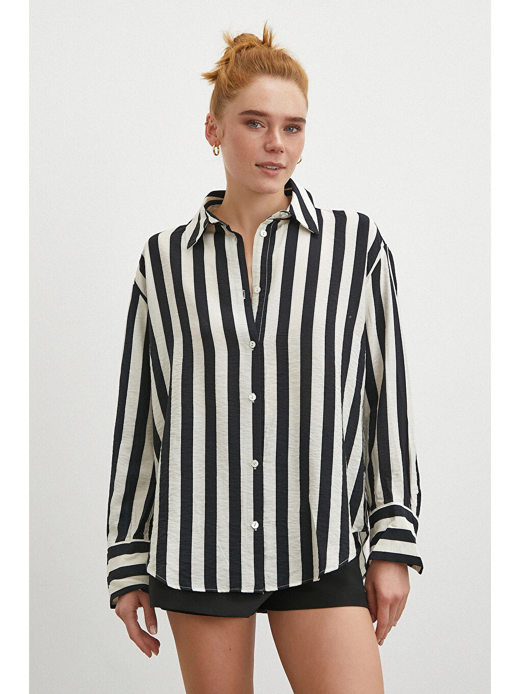 Çizgili Uzun Kollu Gömlek Siyah-5
