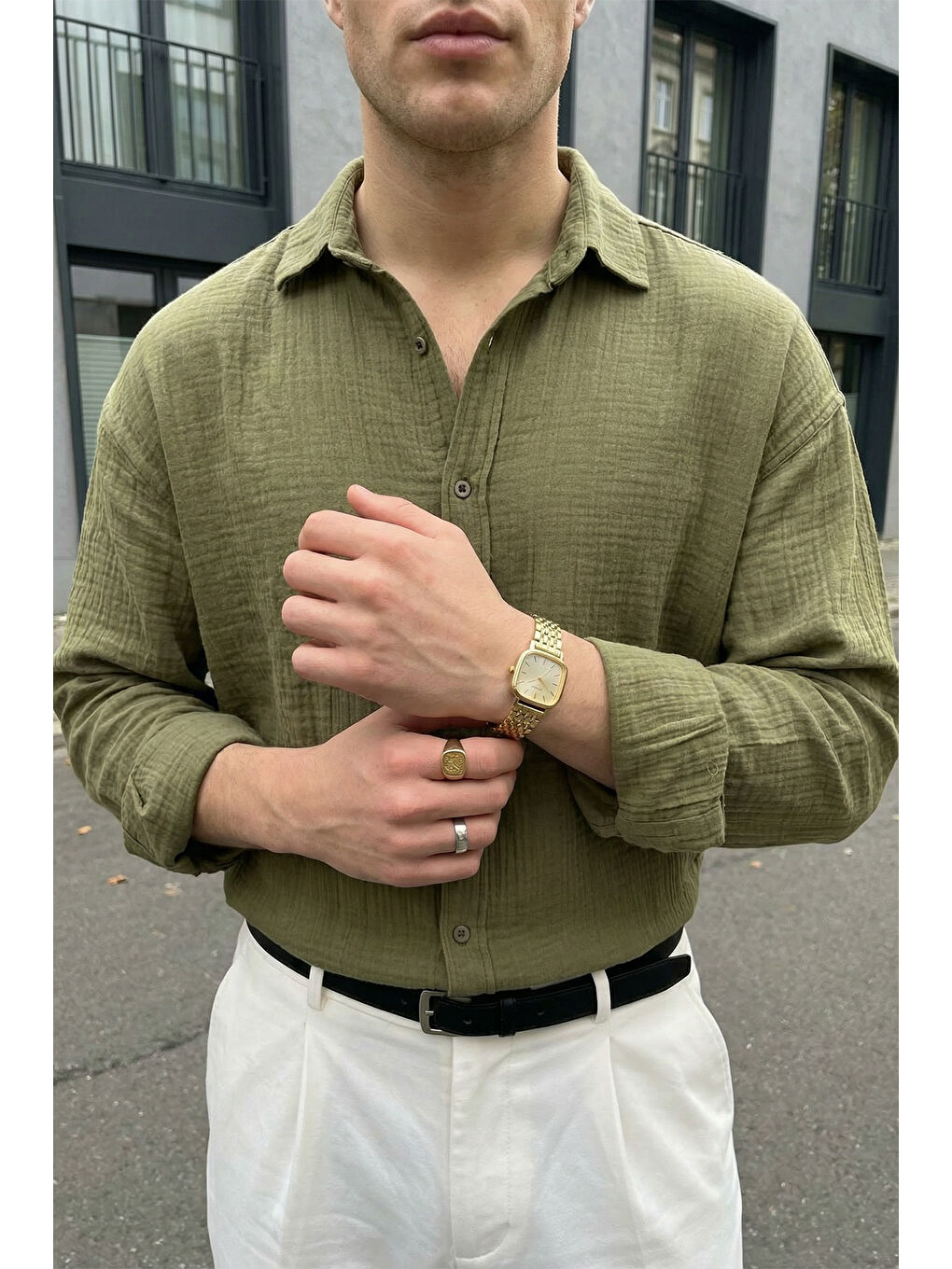 Yeşil Yurin Erkek Premium Müslin %100 Pamuk Oversize Uzun Kollu Gömlek-2