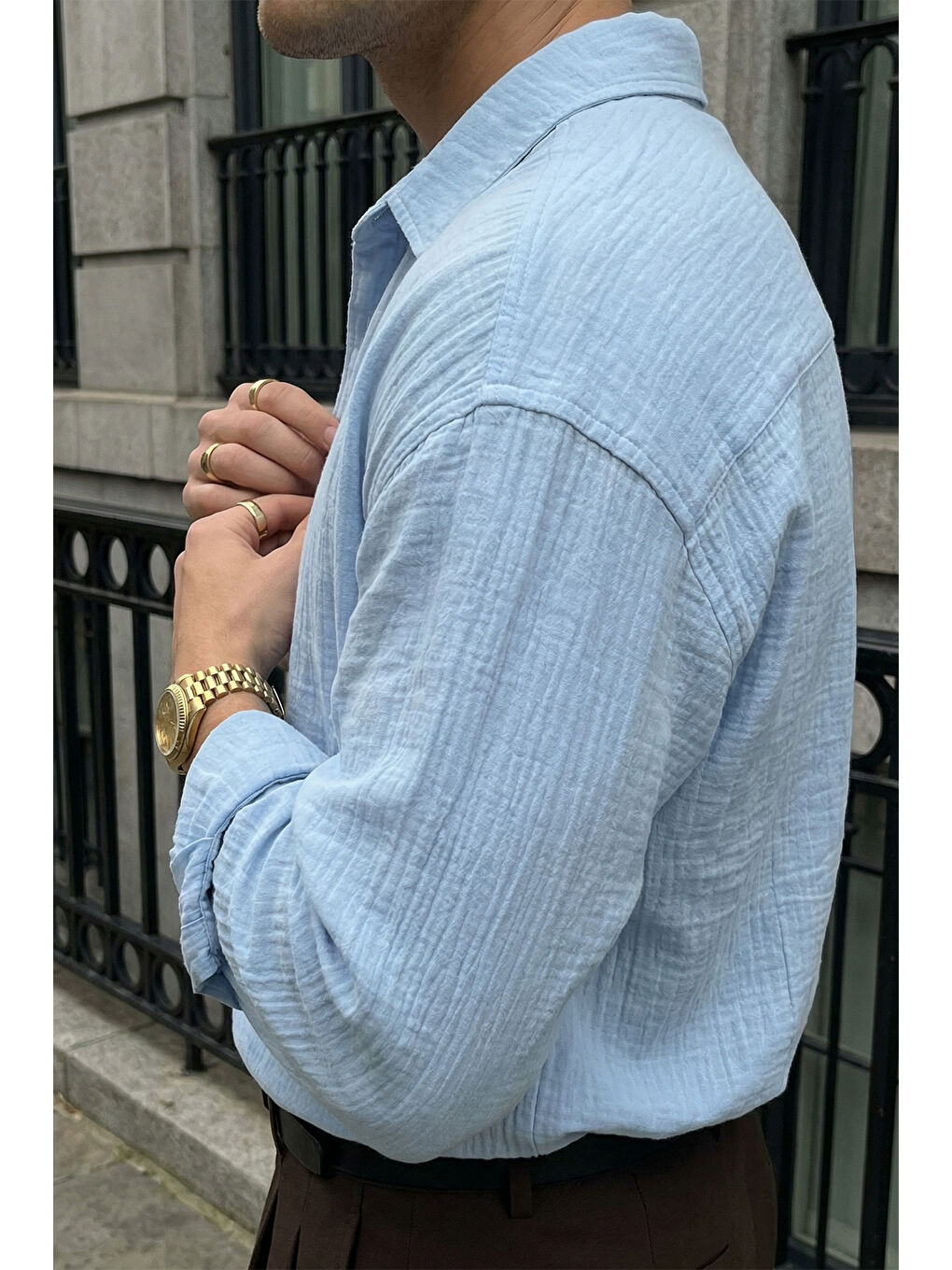 Mavi Yurin Erkek Premium Müslin %100 Pamuk Oversize Uzun Kollu Gömlek-3