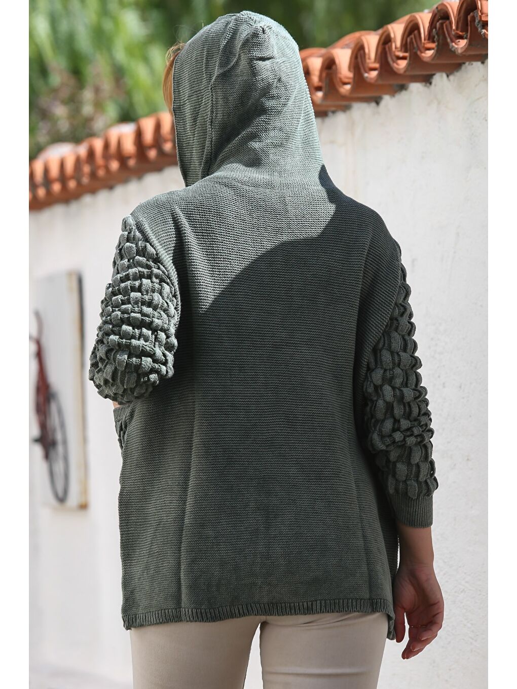 Haki Kapüşonlu Uzun Kol Düğmeli Cepli Yıkamalı Casual Ajur Örgü Triko Ceket 82 72-1