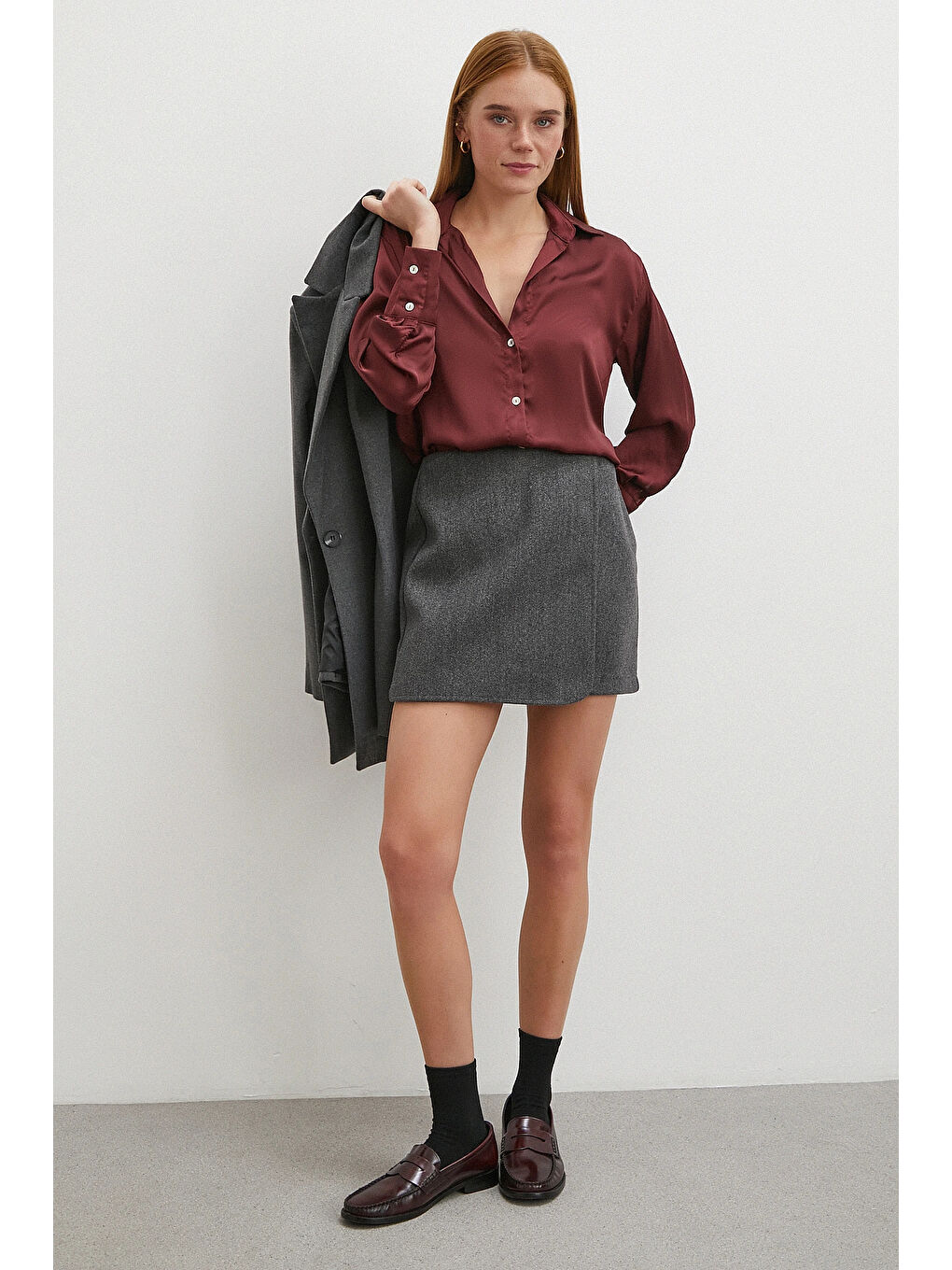 Basic Saten Gömlek Bordo-1