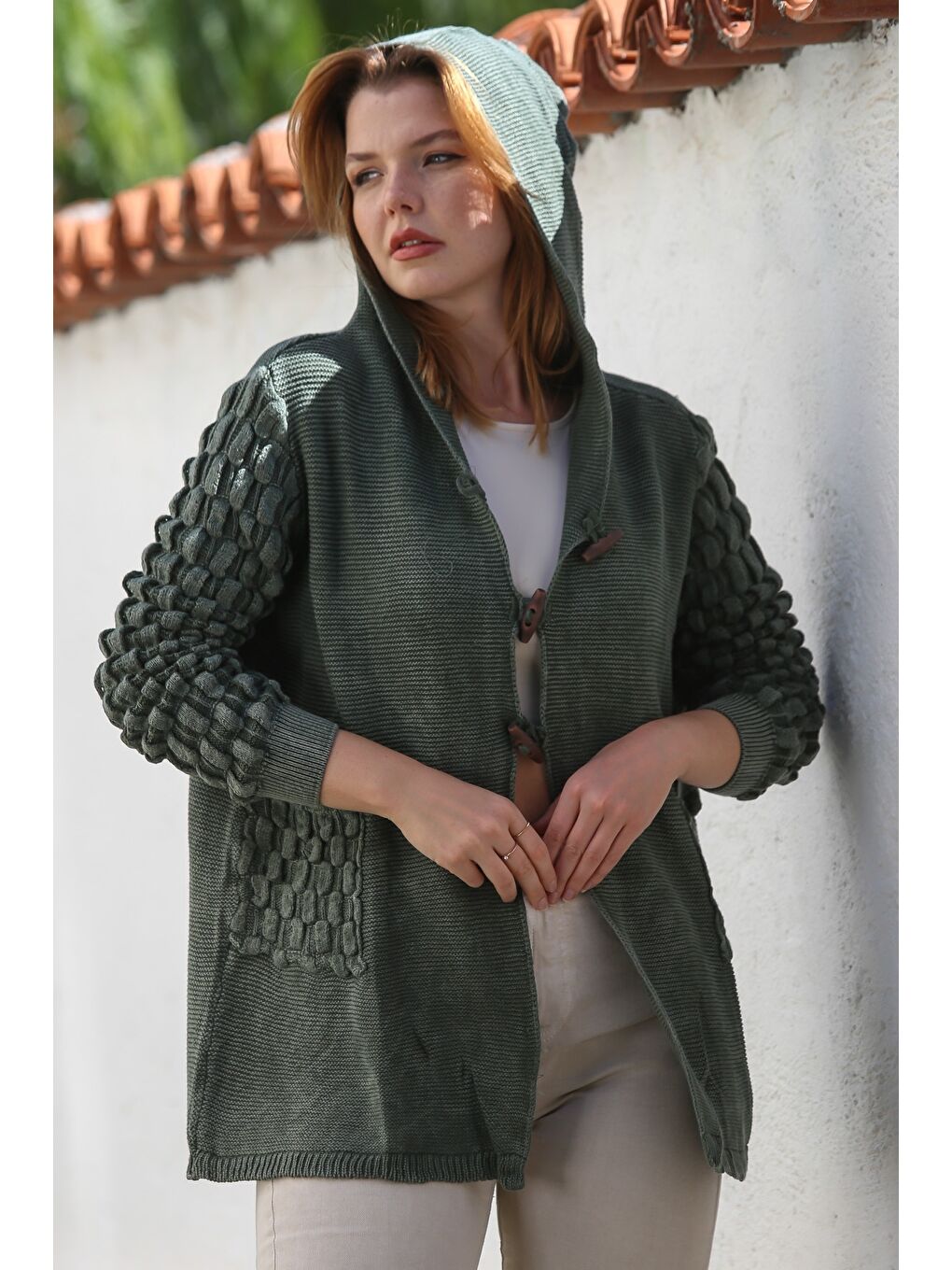 Haki Kapüşonlu Uzun Kol Düğmeli Cepli Yıkamalı Casual Ajur Örgü Triko Ceket 82 72-2