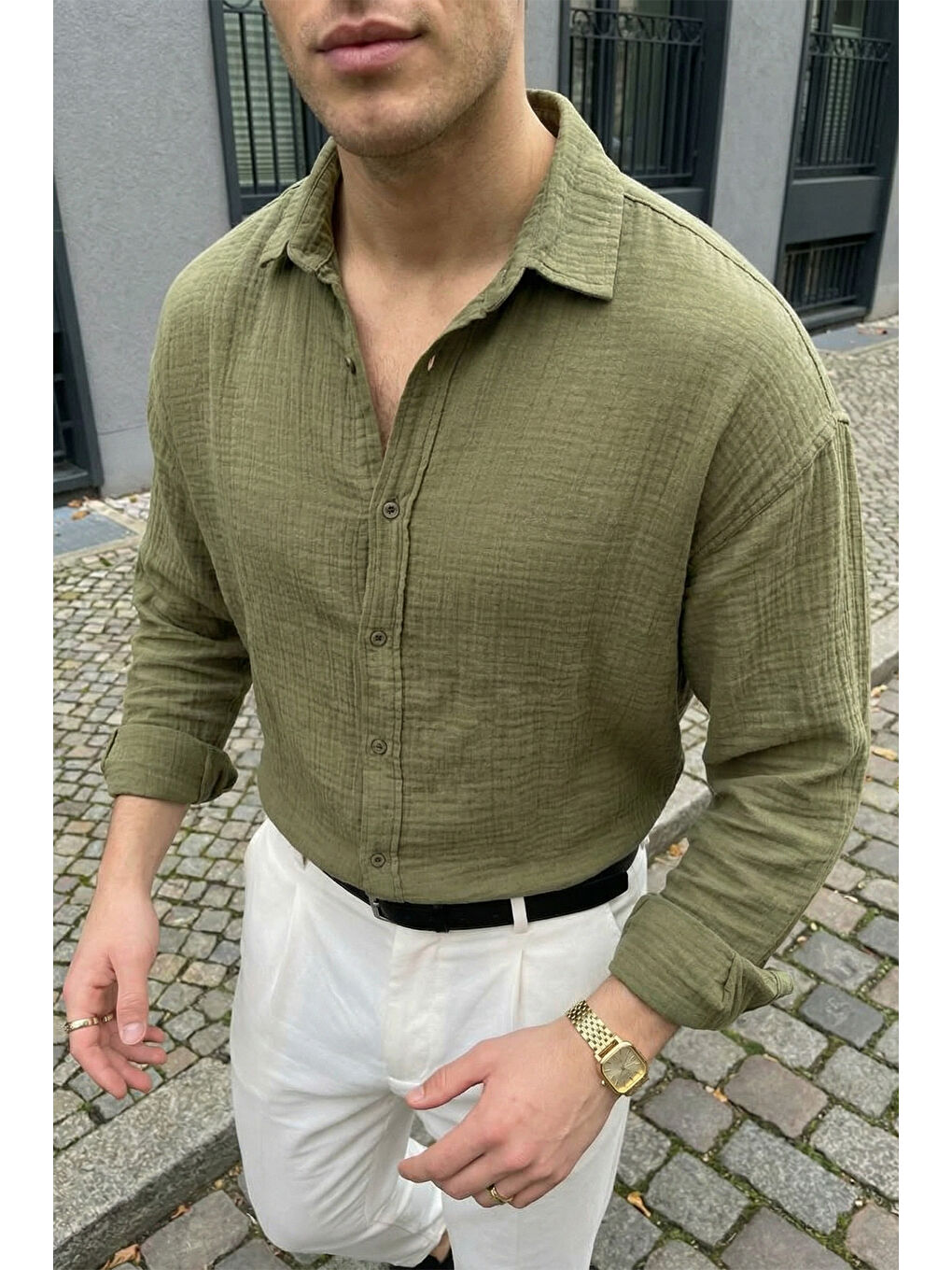 Yeşil Yurin Erkek Premium Müslin %100 Pamuk Oversize Uzun Kollu Gömlek-3