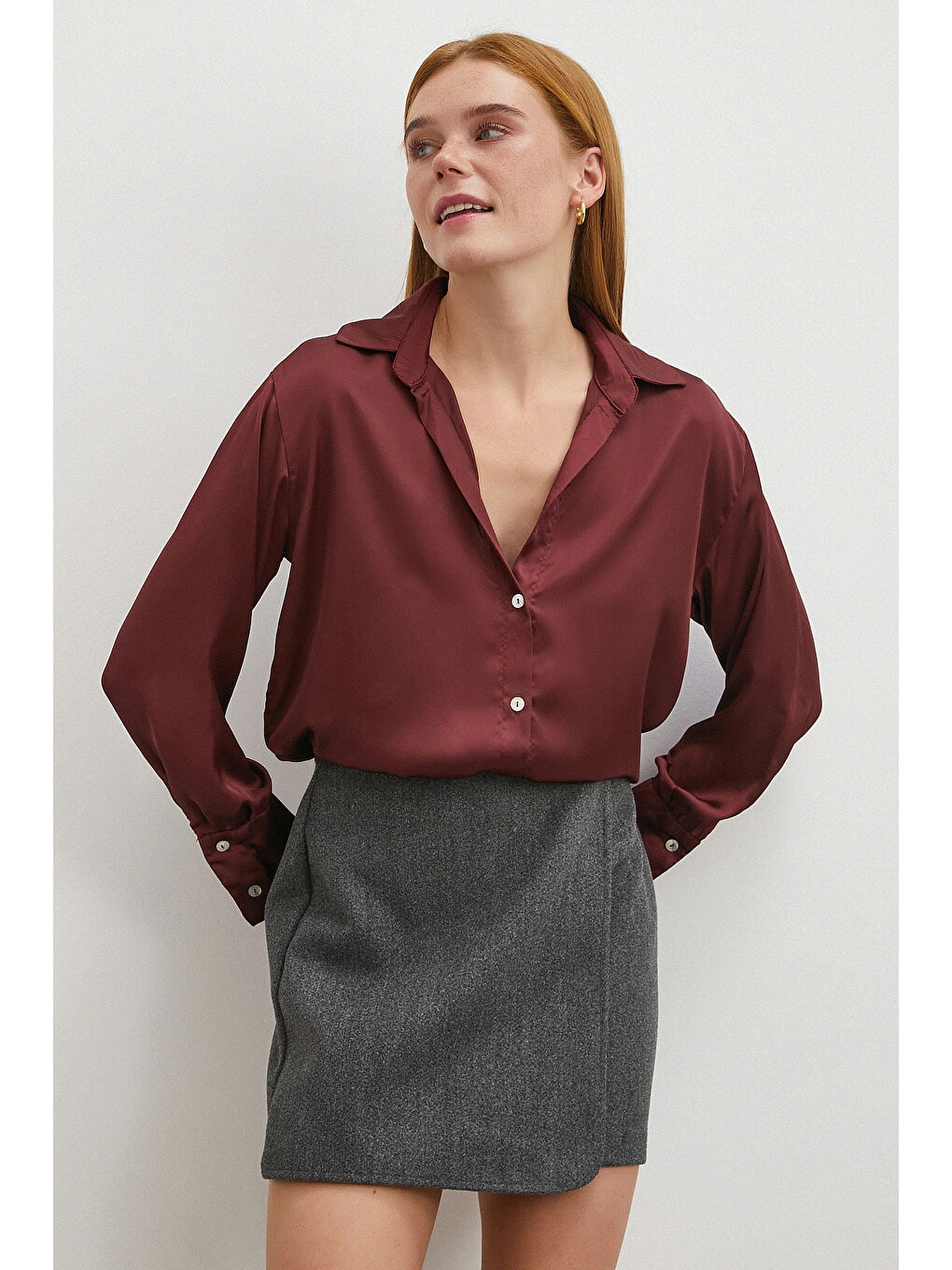 Basic Saten Gömlek Bordo-2