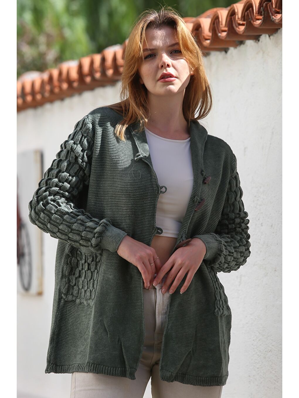 Haki Kapüşonlu Uzun Kol Düğmeli Cepli Yıkamalı Casual Ajur Örgü Triko Ceket 82 72-3