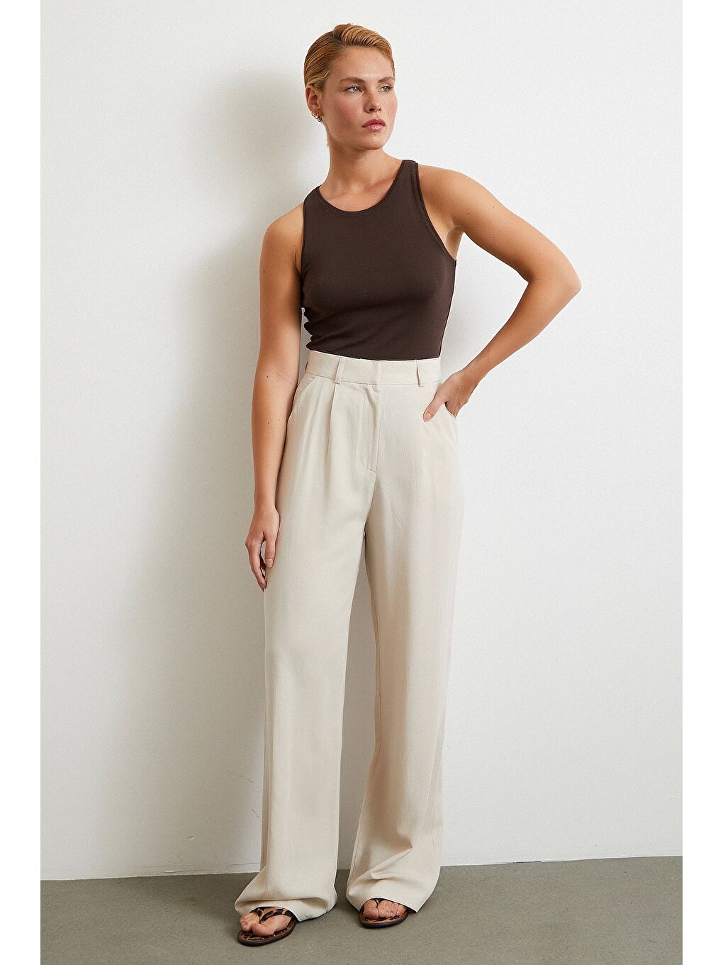 Ekru Keten Palazzo Pantolon Krem-1