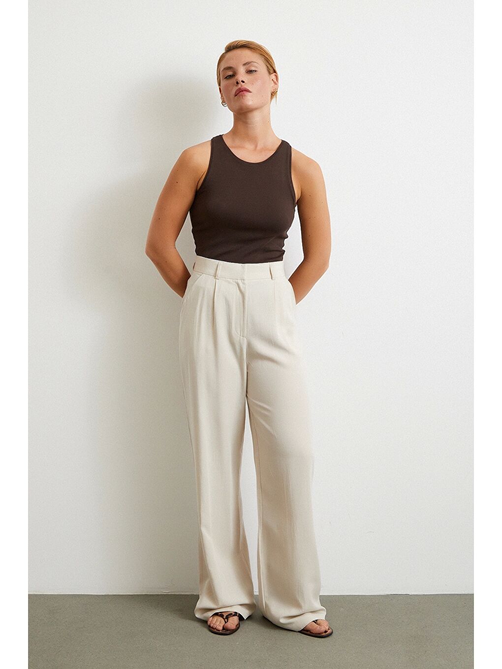 Ekru Keten Palazzo Pantolon Krem-2