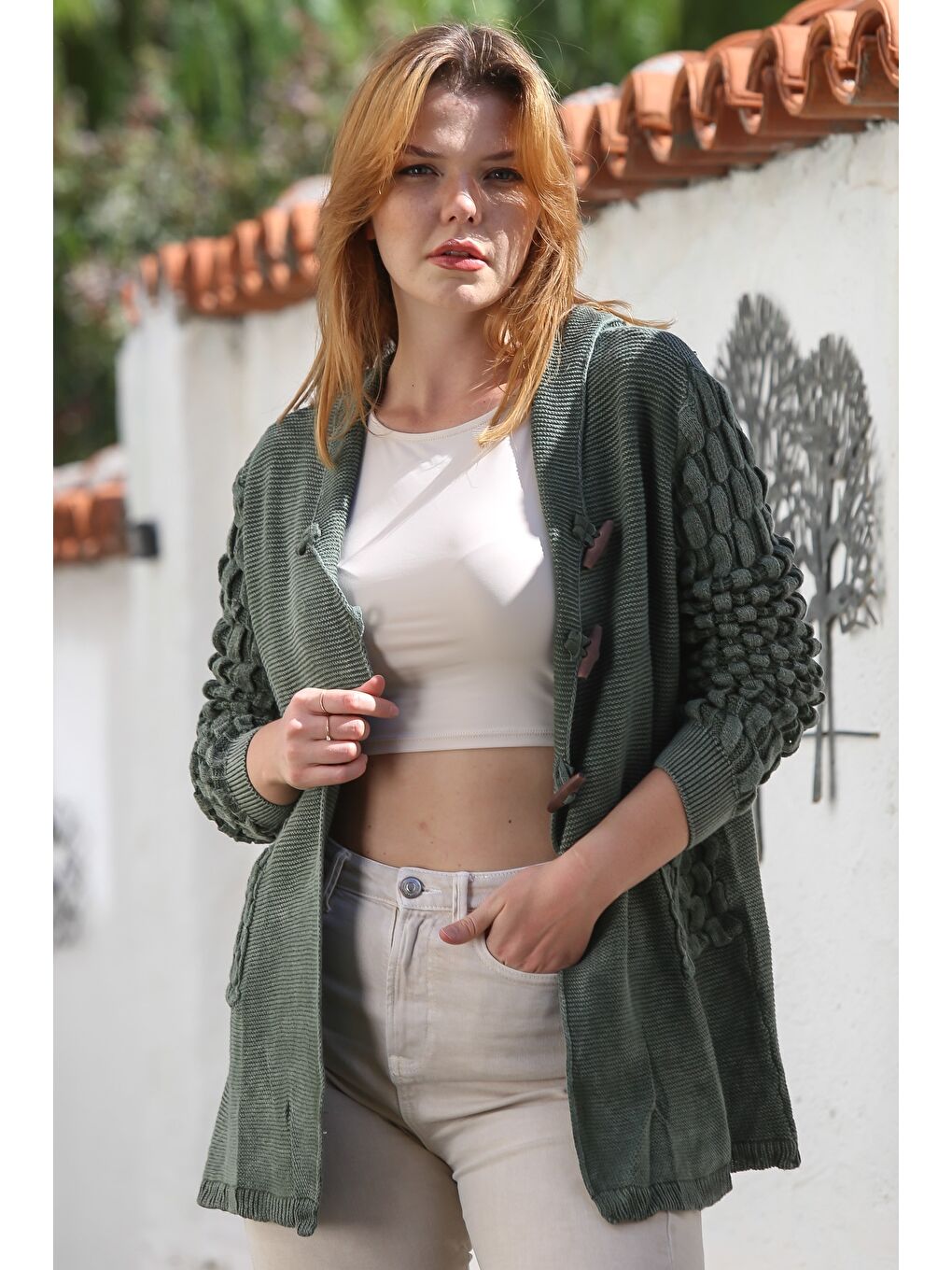 Haki Kapüşonlu Uzun Kol Düğmeli Cepli Yıkamalı Casual Ajur Örgü Triko Ceket 82 72-4