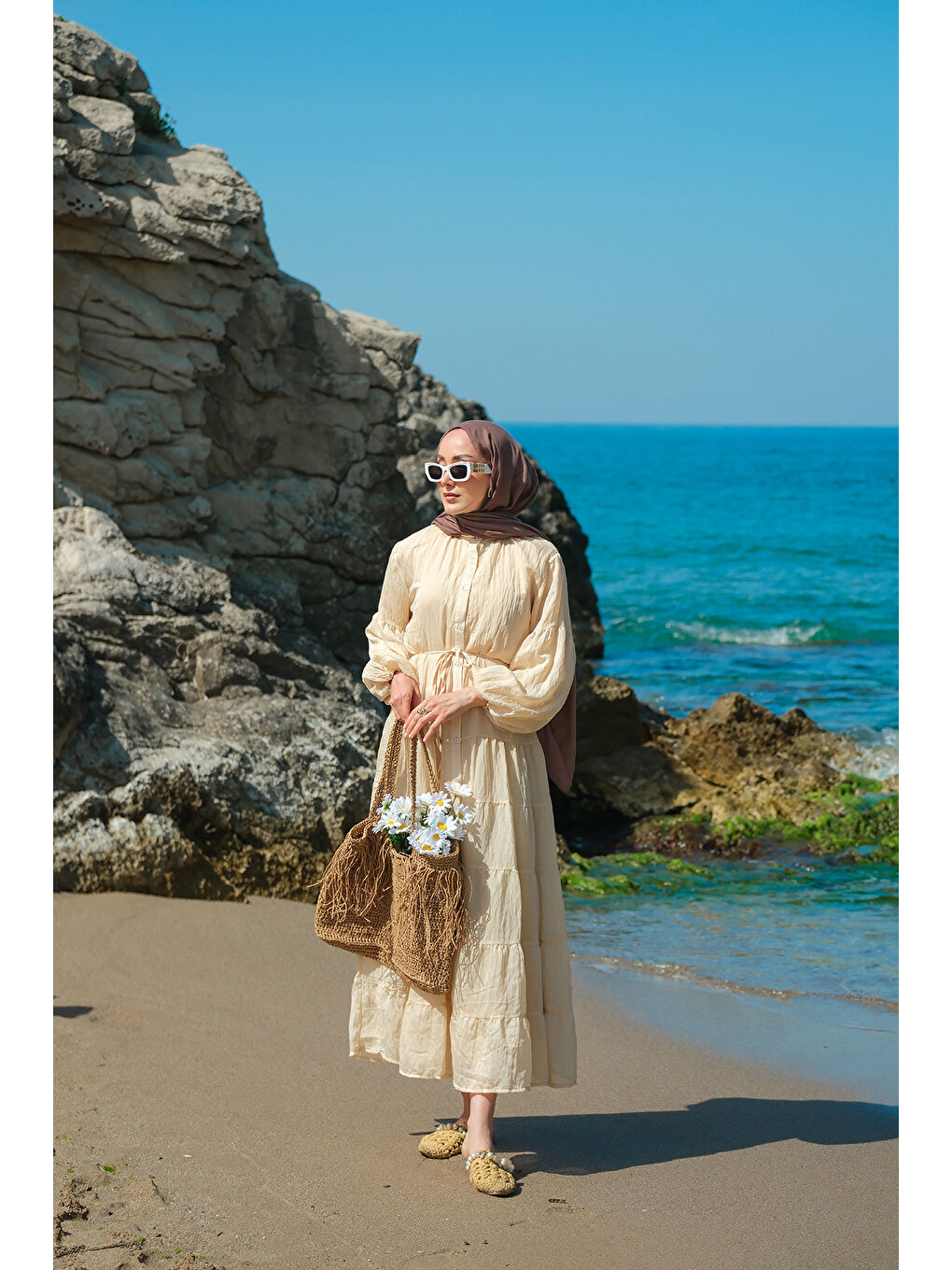 Kadın Astarlı Tül Elbise Bej-1