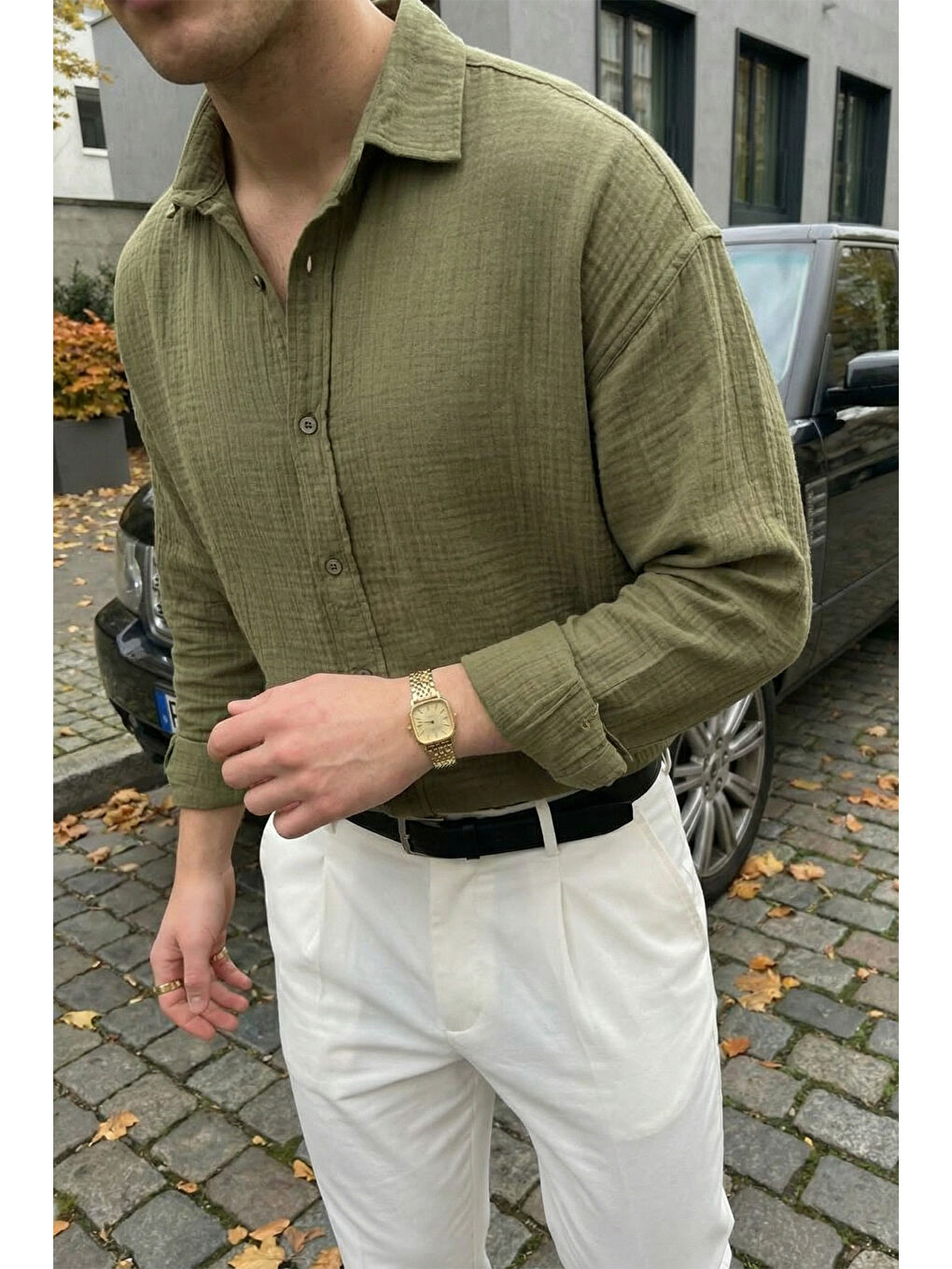 Yeşil Yurin Erkek Premium Müslin %100 Pamuk Oversize Uzun Kollu Gömlek-4