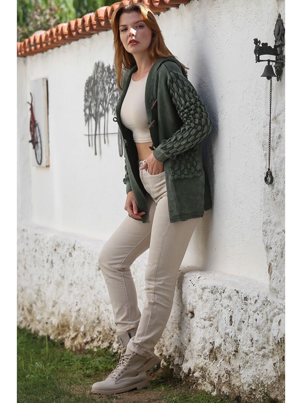 Haki Kapüşonlu Uzun Kol Düğmeli Cepli Yıkamalı Casual Ajur Örgü Triko Ceket 82 72-5