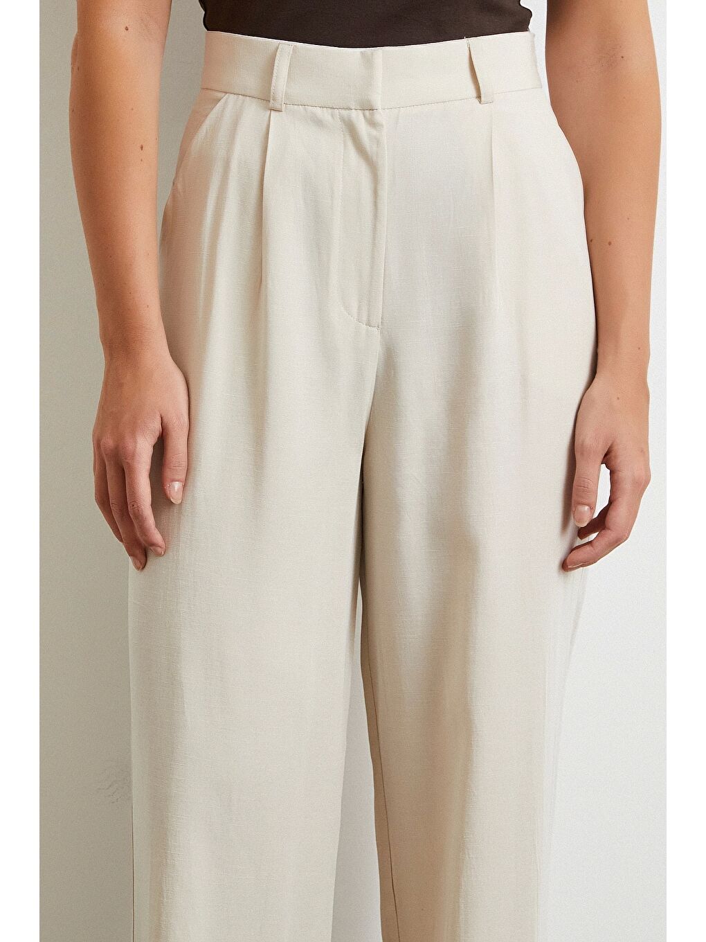 Ekru Keten Palazzo Pantolon Krem-4