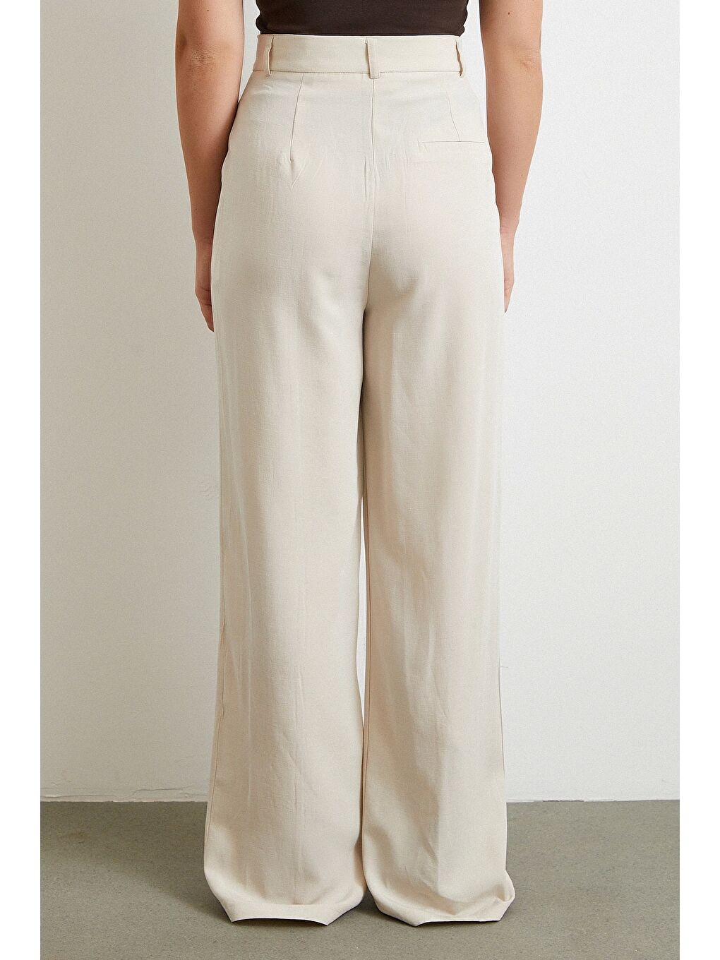 Ekru Keten Palazzo Pantolon Krem-5