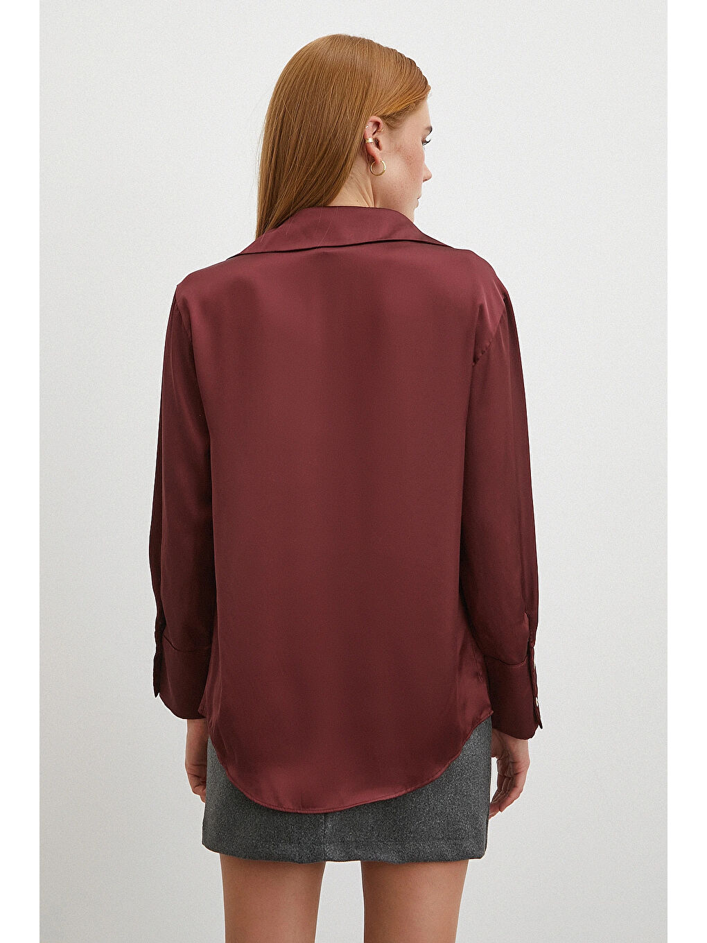 Basic Saten Gömlek Bordo-5