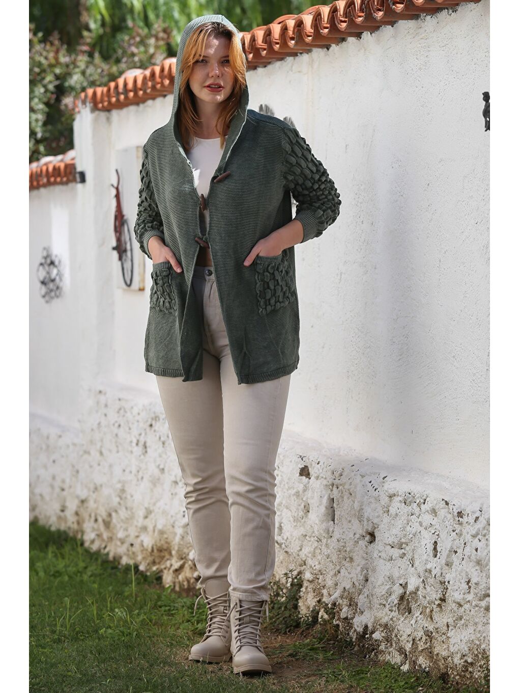 Haki Kapüşonlu Uzun Kol Düğmeli Cepli Yıkamalı Casual Ajur Örgü Triko Ceket 82 72-6