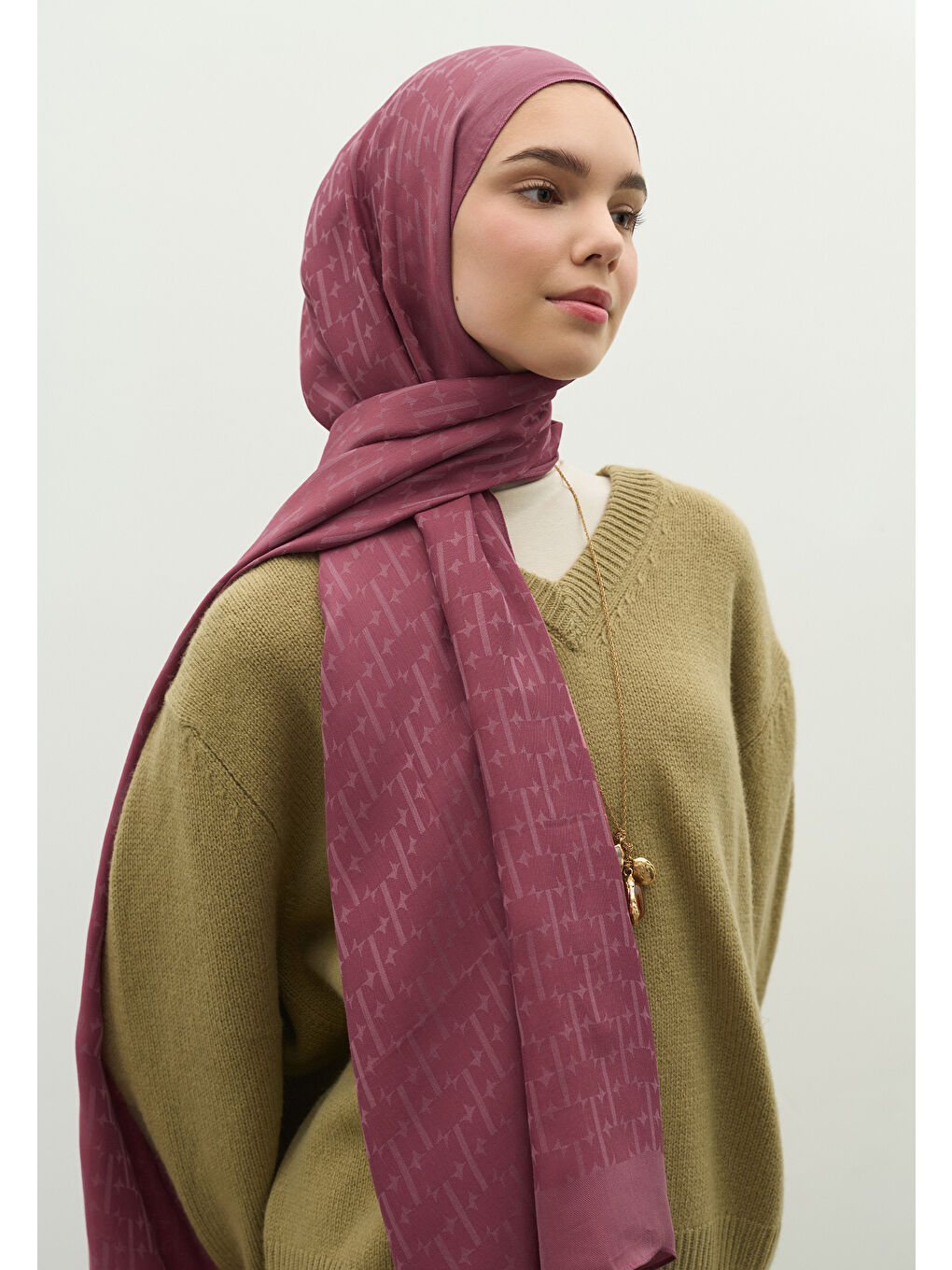 Pembe MONOGRAM PAMUK FLOŞ JAKARLI ŞAL VINTAGE ROSE-2