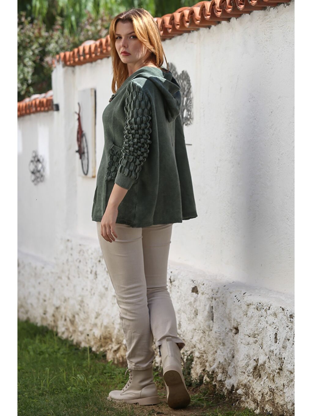 Haki Kapüşonlu Uzun Kol Düğmeli Cepli Yıkamalı Casual Ajur Örgü Triko Ceket 82 72-7