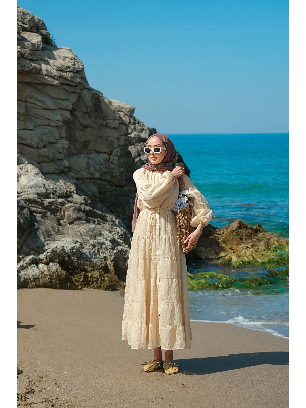 Kadın Astarlı Tül Elbise Bej-2