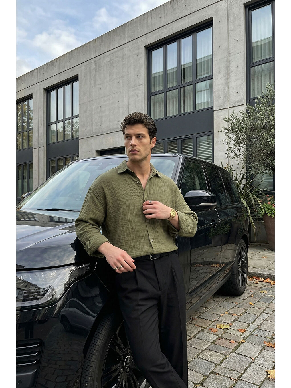 Yeşil Yurin Erkek Premium Müslin %100 Pamuk Oversize Uzun Kollu Gömlek-5