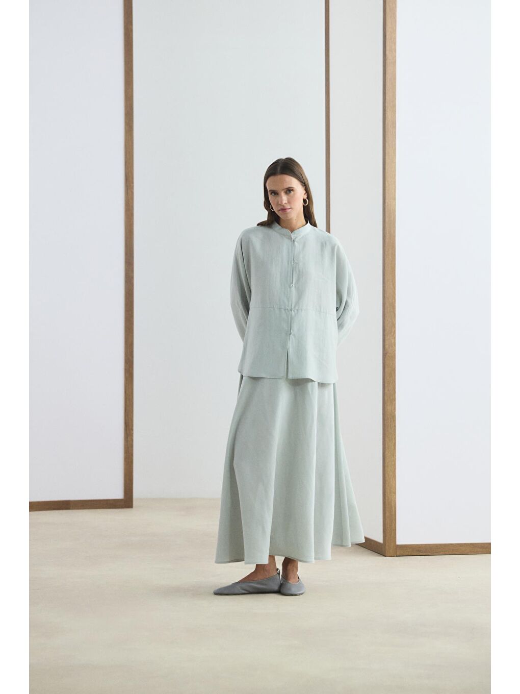 Hakim Yaka Gömlek Etek Takım Açık Gri-3