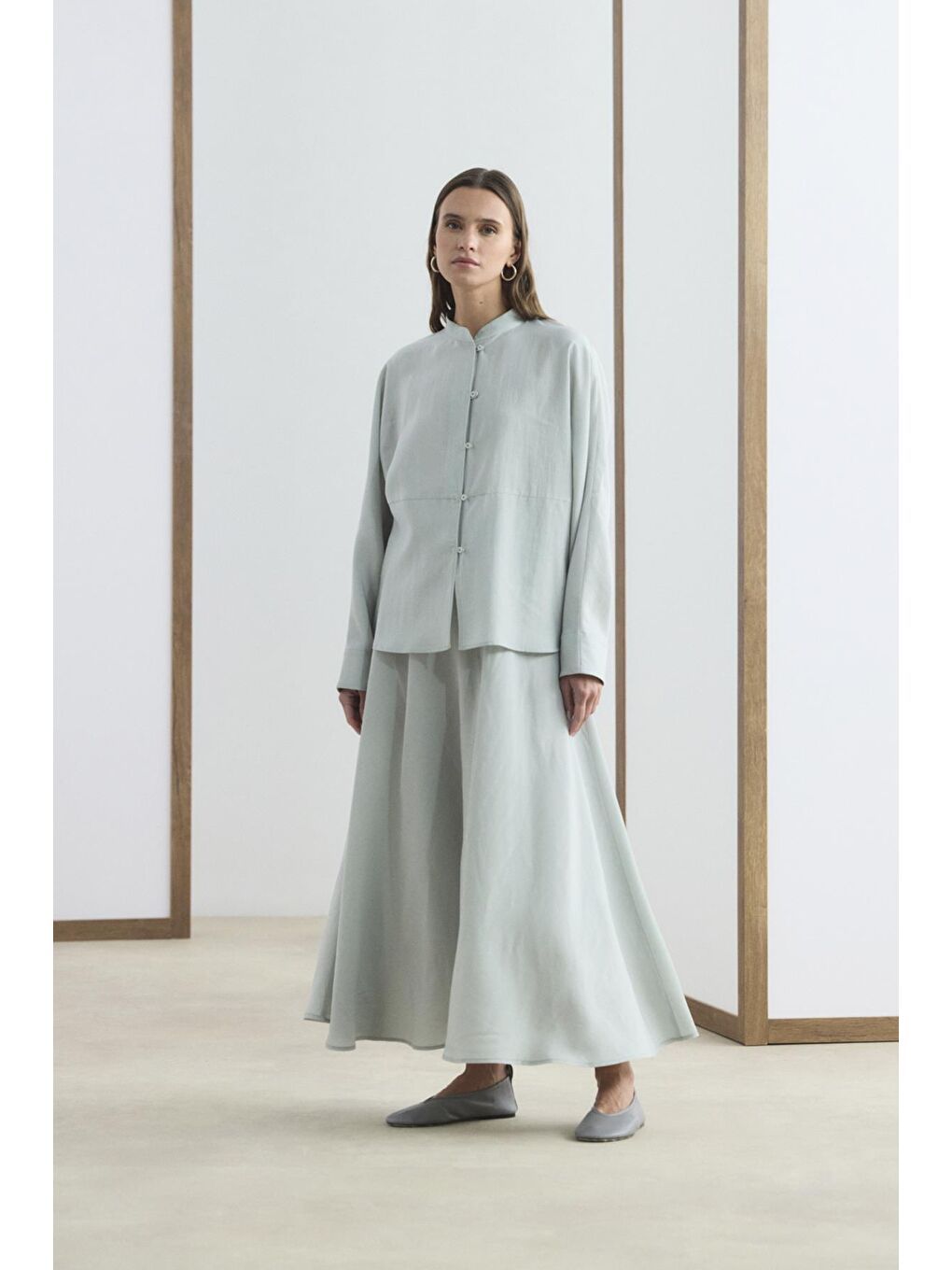 Hakim Yaka Gömlek Etek Takım Açık Gri-4