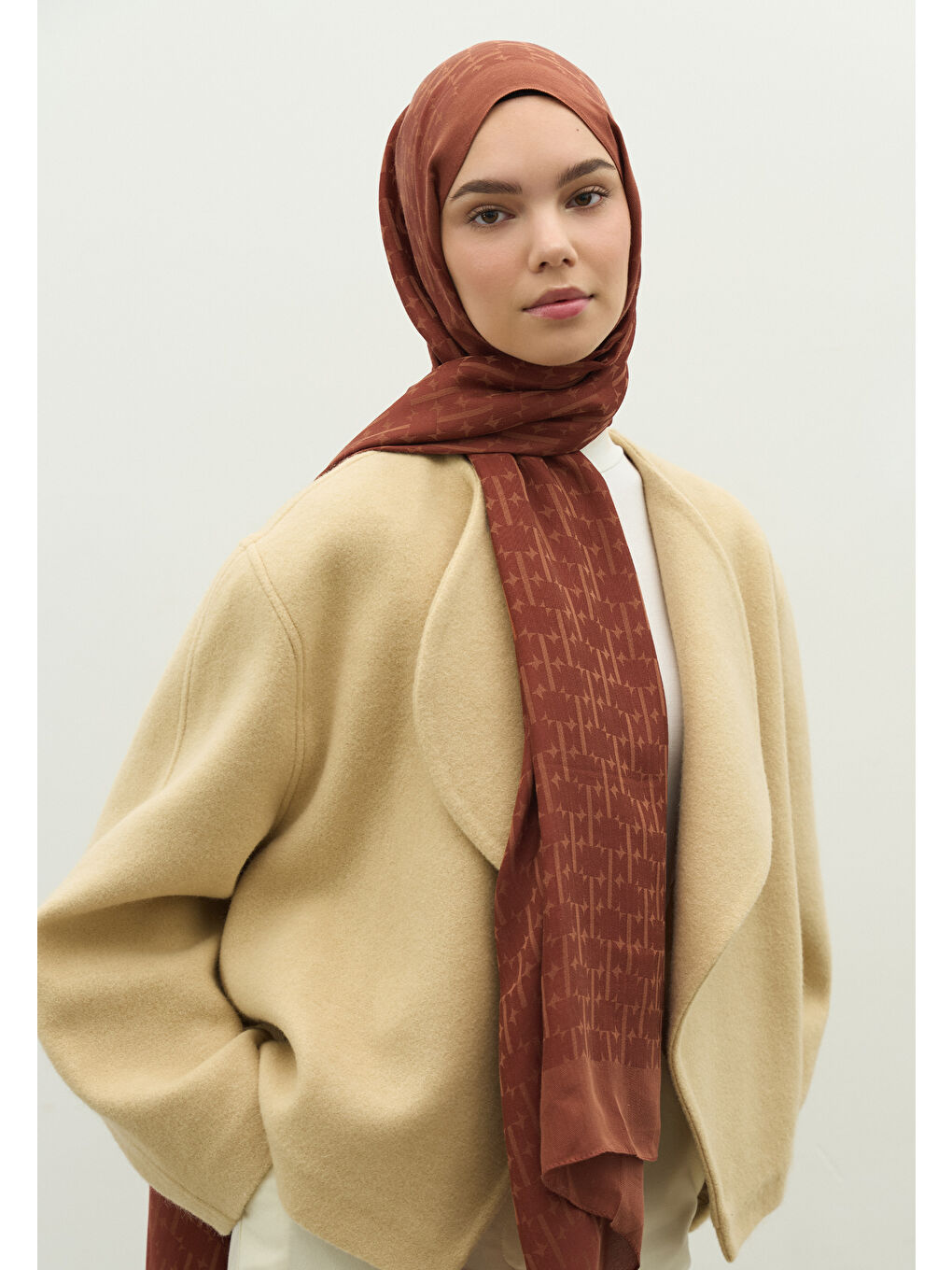 Turuncu MONOGRAM PAMUK FLOŞ JAKARLI ŞAL KİREMİT