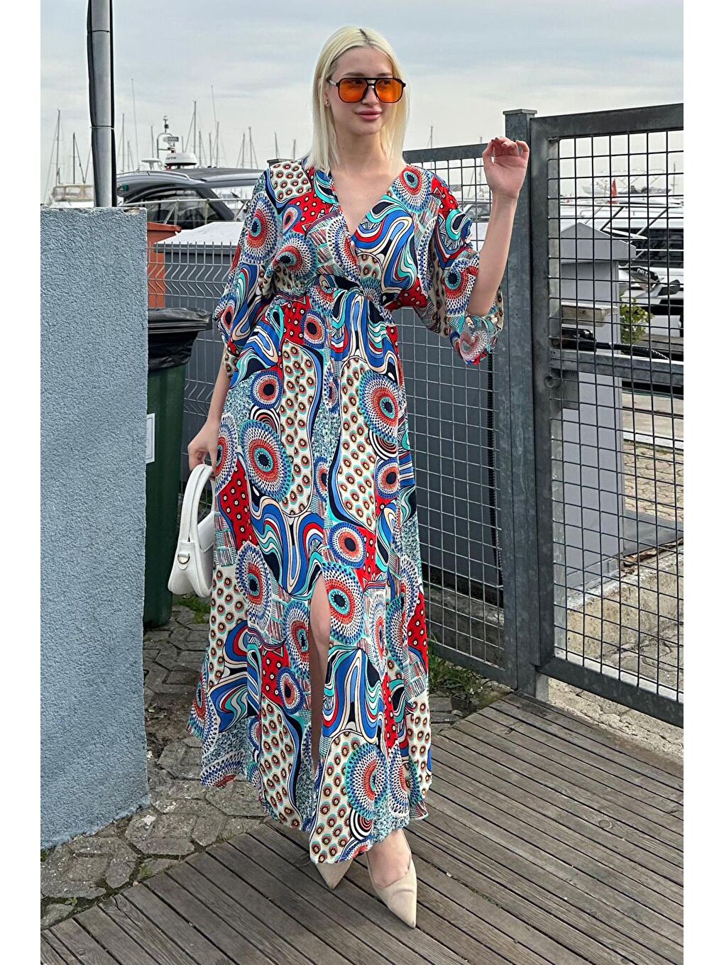 Turkuaz Desenli Yırtmaç Detaylı Uzun Elbise Mg2325