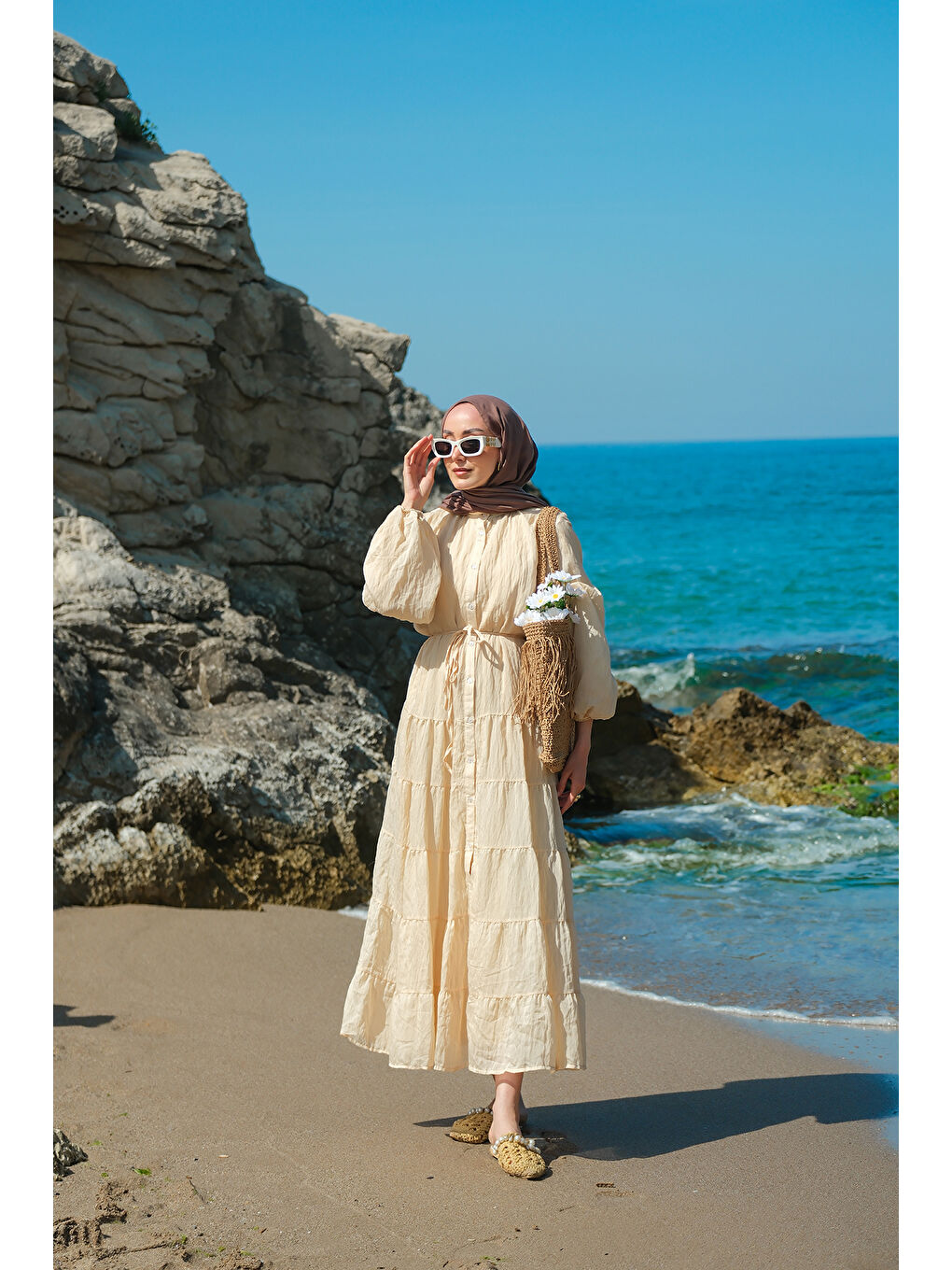 Kadın Astarlı Tül Elbise Bej-3