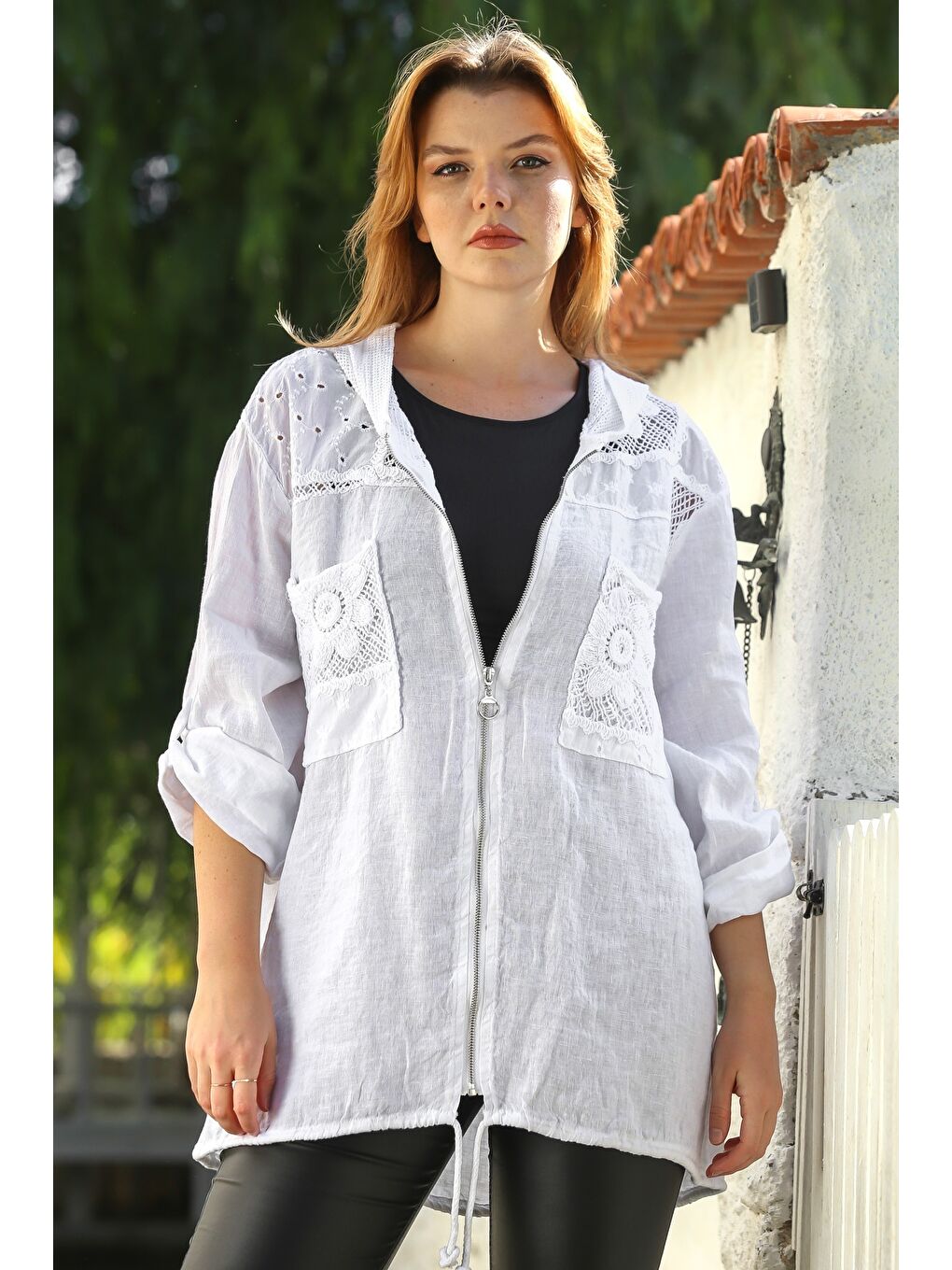 İtalyan Beyaz Kapüşonlu Düğmeli Uzun Kollu Fermuarlı Cepli File Detaylı Keten Dokuma Ceket 75 65-3