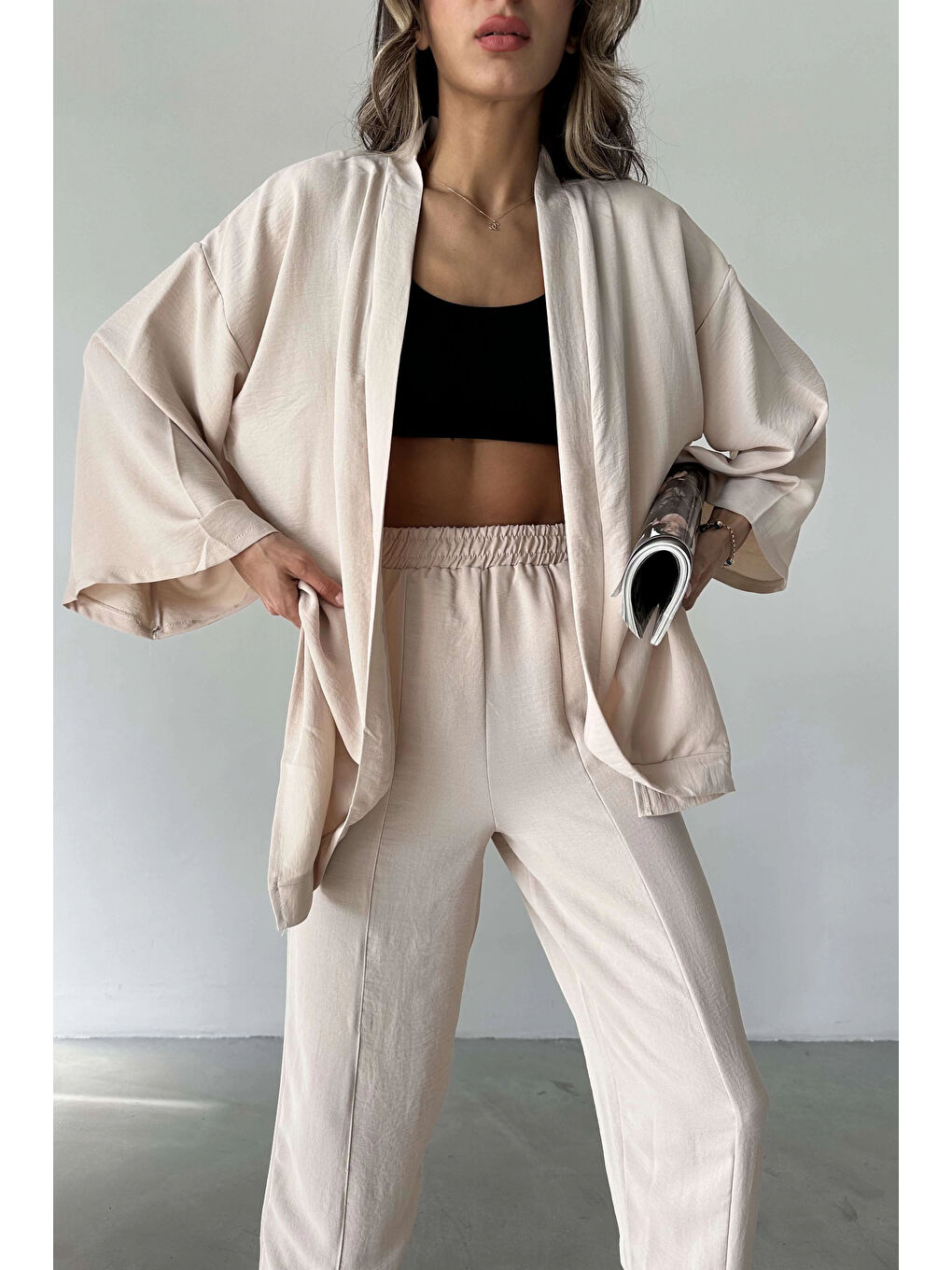 Bej Kadın Taş Kimono Takım 1018-0075-2