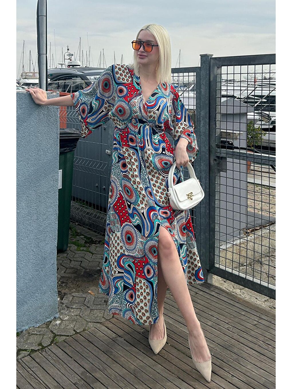 Turkuaz Desenli Yırtmaç Detaylı Uzun Elbise Mg2325-1