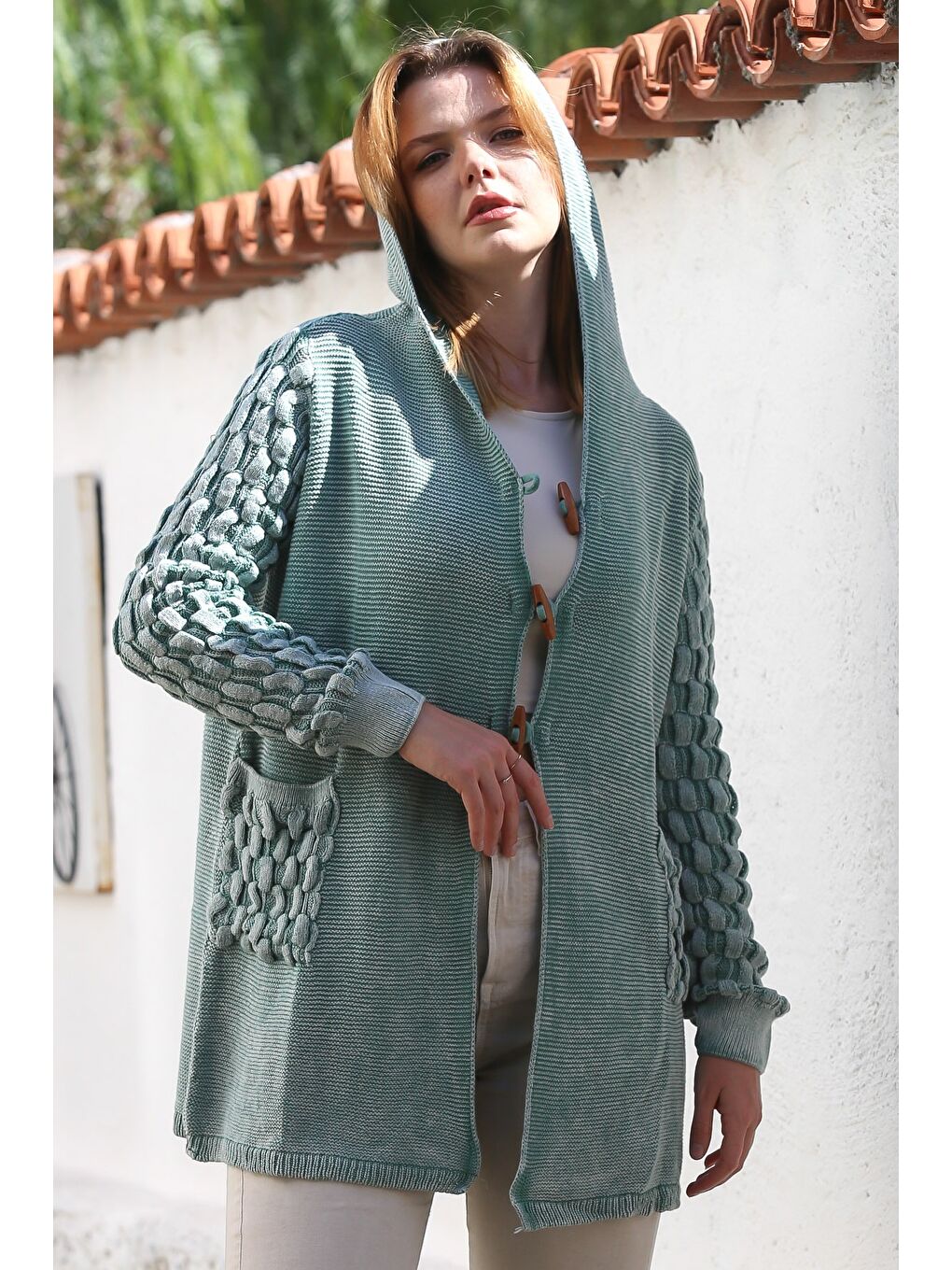 Yeşil Mint Kapüşonlu Uzun Kol Düğmeli Cepli Yıkamalı Casual Ajur Örgü Triko Ceket 82 72