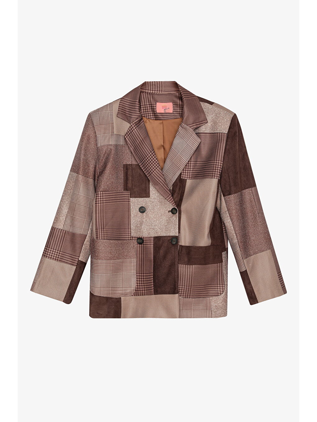 Patchwork Kruvaze Blazer Ceket Kahverengi
