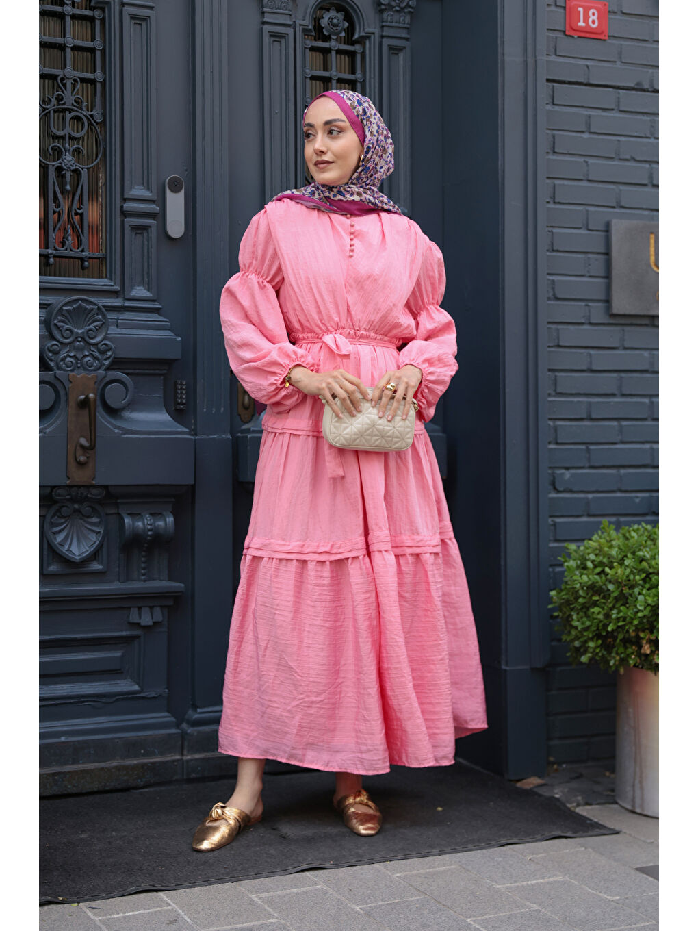 Kadın Kolu Lastik Detaylı Elbise Pembe-1