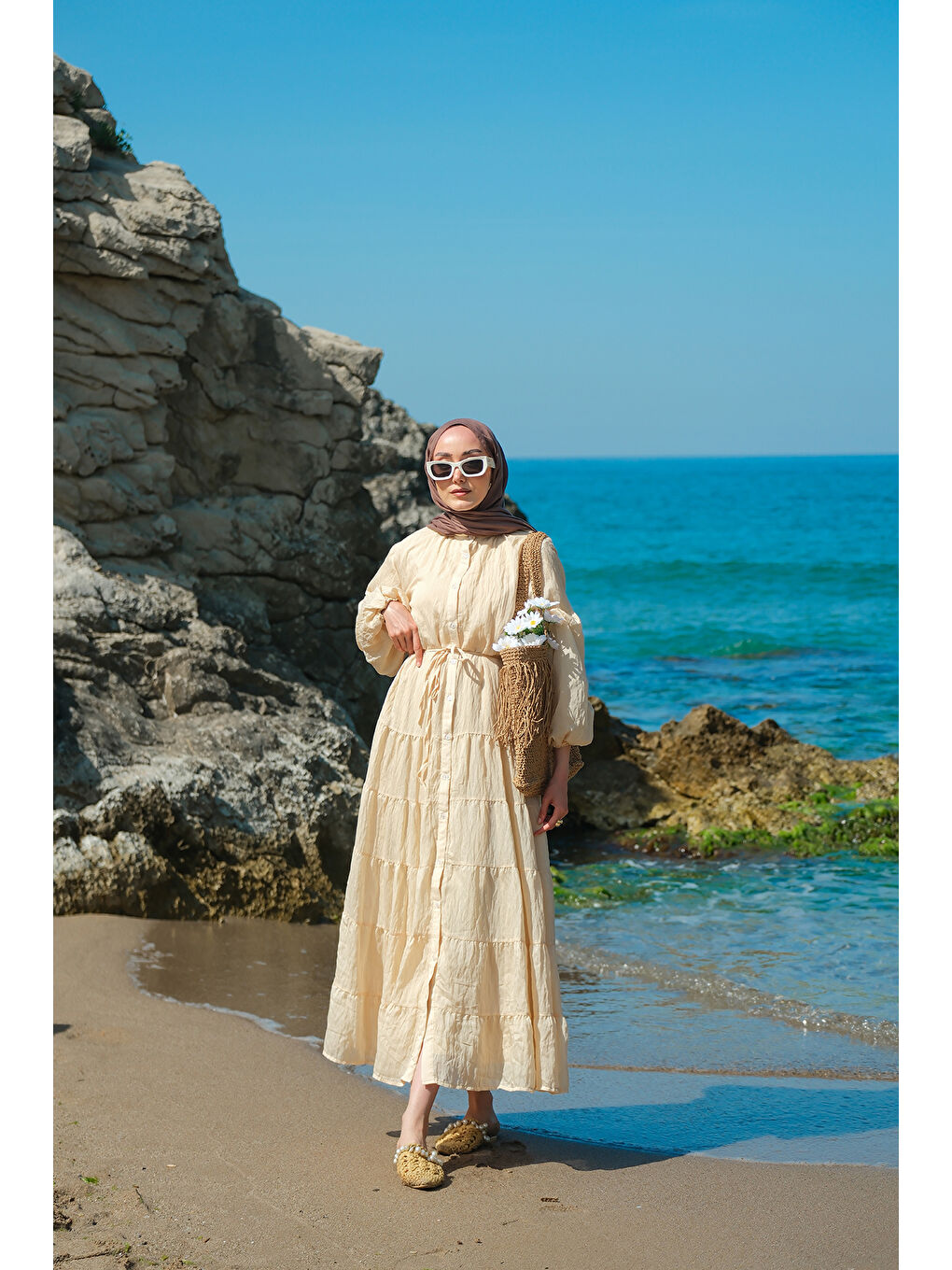 Kadın Astarlı Tül Elbise Bej-4