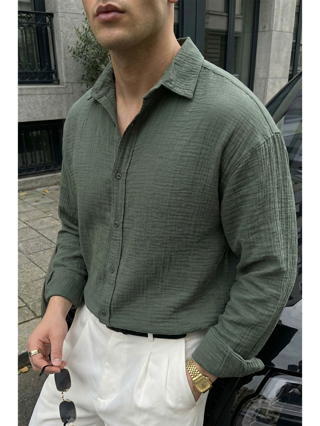 Yeşil Yurin Erkek Premium Müslin %100 Pamuk Oversize Uzun Kollu Gömlek-1