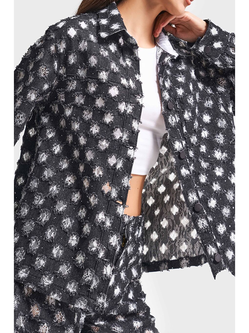 Kadın Antrasit 7w5-51 Oversize Özel Kumaş Tasarım Denim Ceket-2