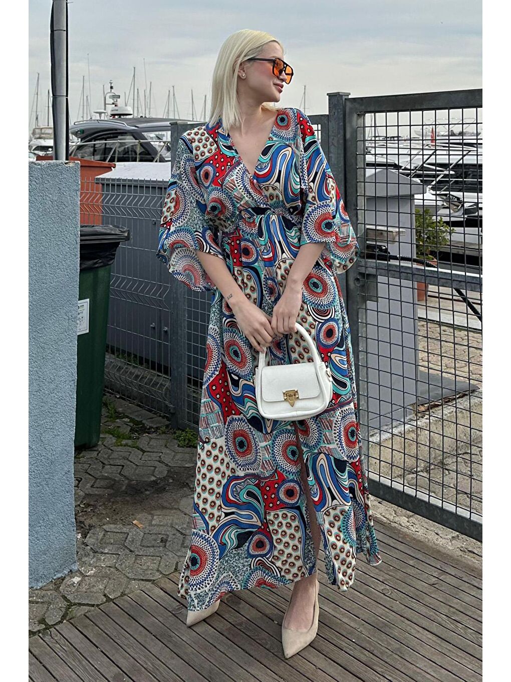 Turkuaz Desenli Yırtmaç Detaylı Uzun Elbise Mg2325-3