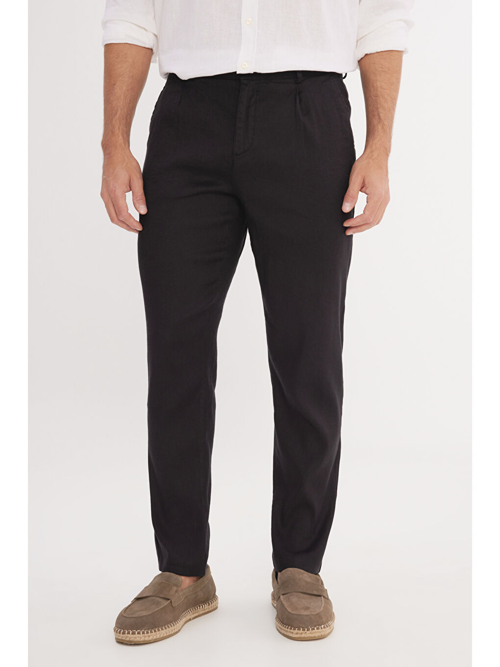 Erkek Siyah Keten Slim Fit Dar Kesim Beli Lastikli Yan Cepli Esnek Pantolon