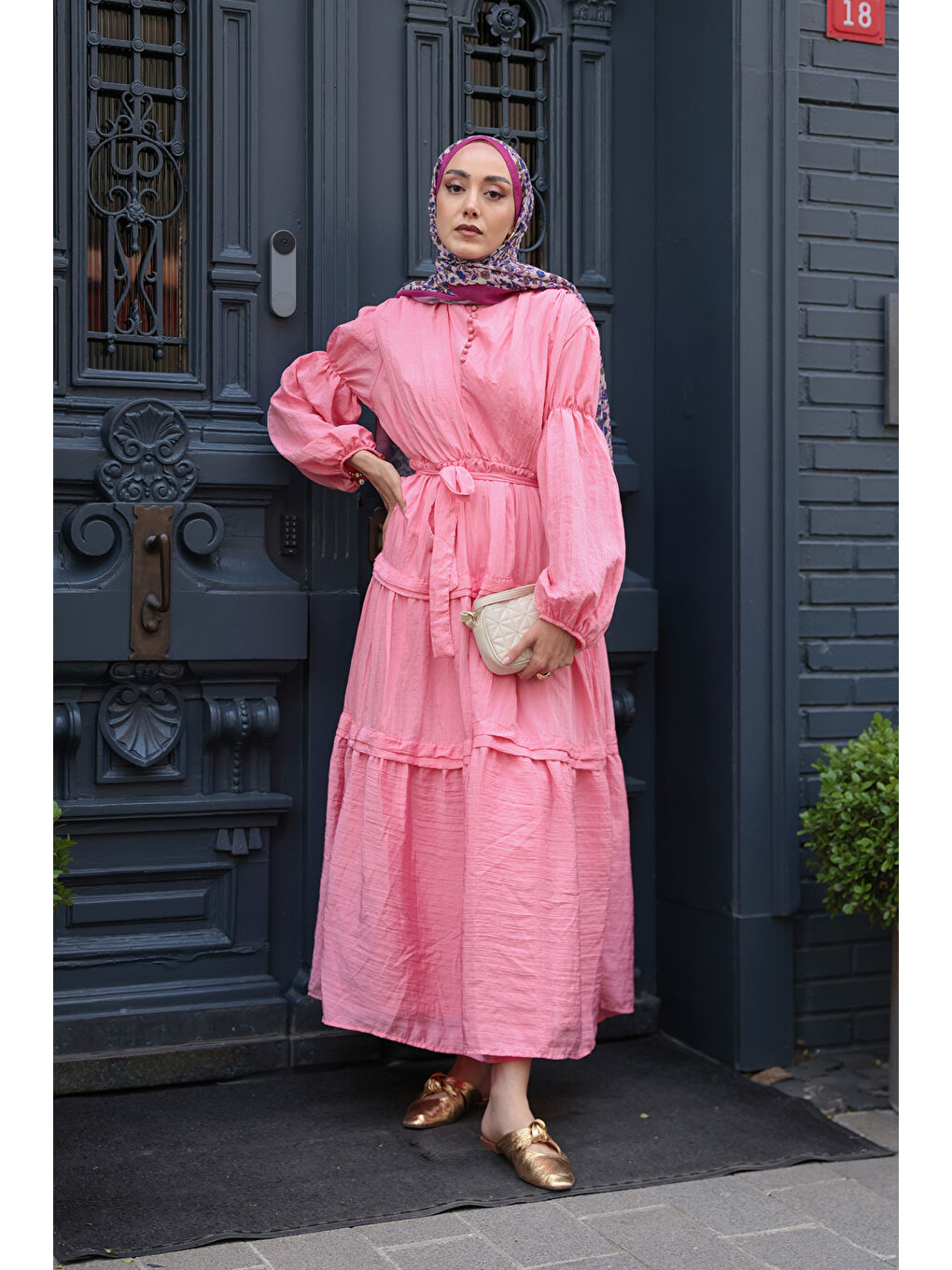 Kadın Kolu Lastik Detaylı Elbise Pembe-2