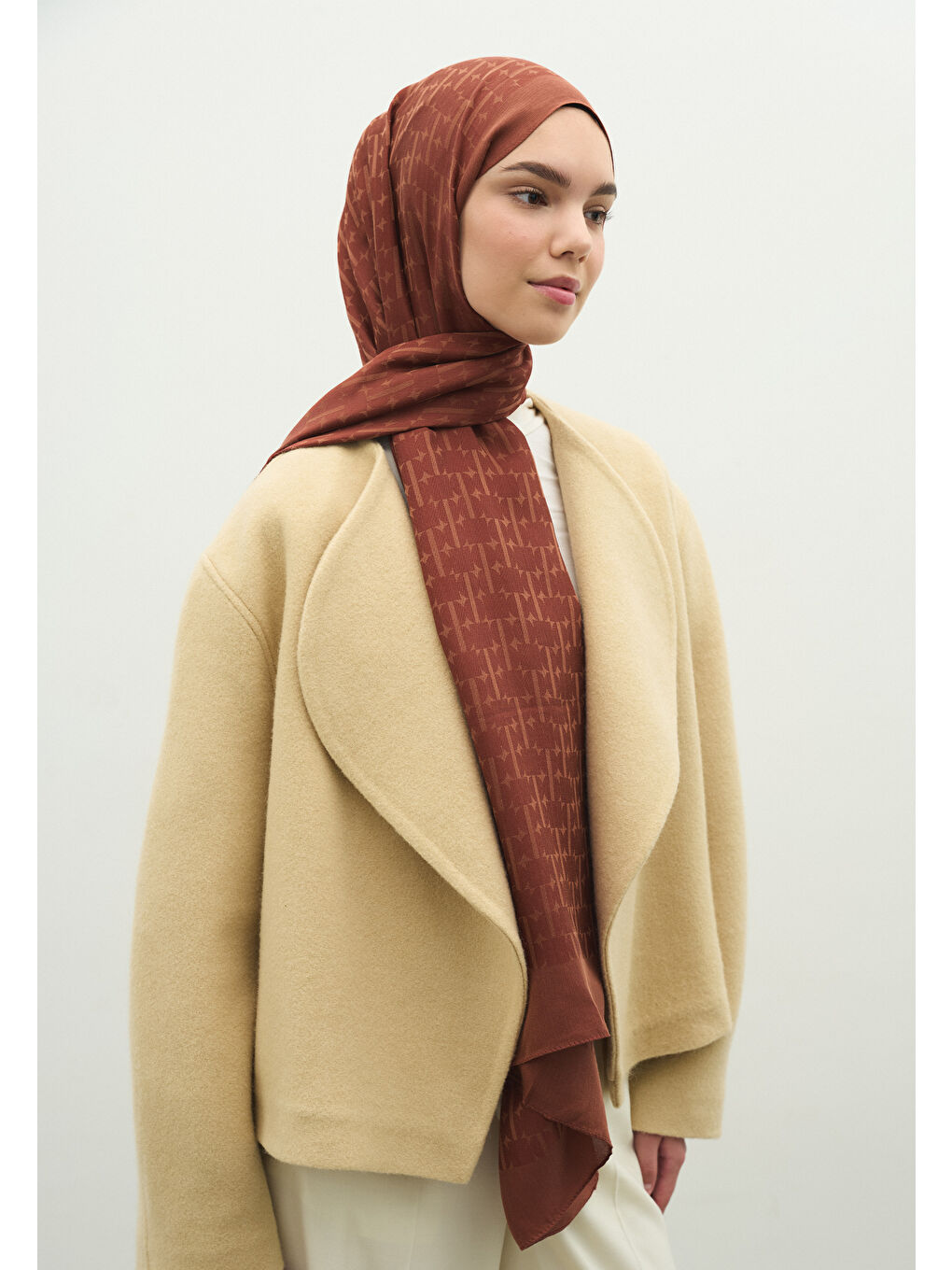 Turuncu MONOGRAM PAMUK FLOŞ JAKARLI ŞAL KİREMİT-1