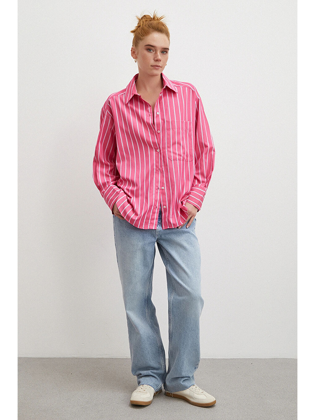 Çizgili Poplin Gömlek Pembe-1