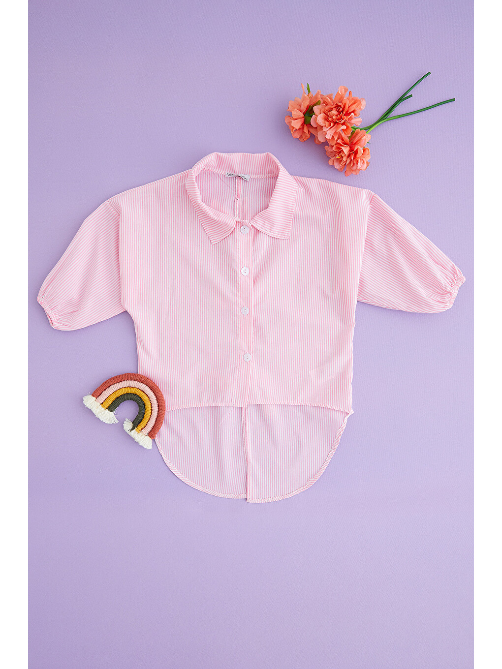 Pembe Çizgili Sırtı Fiyonk Detaylı Kız Çocuk Oversize Gömlek
