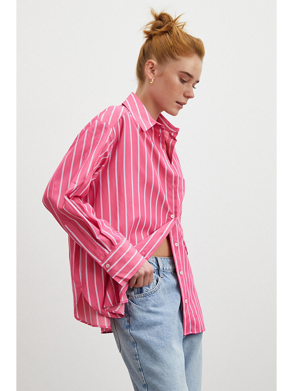 Çizgili Poplin Gömlek Pembe-2